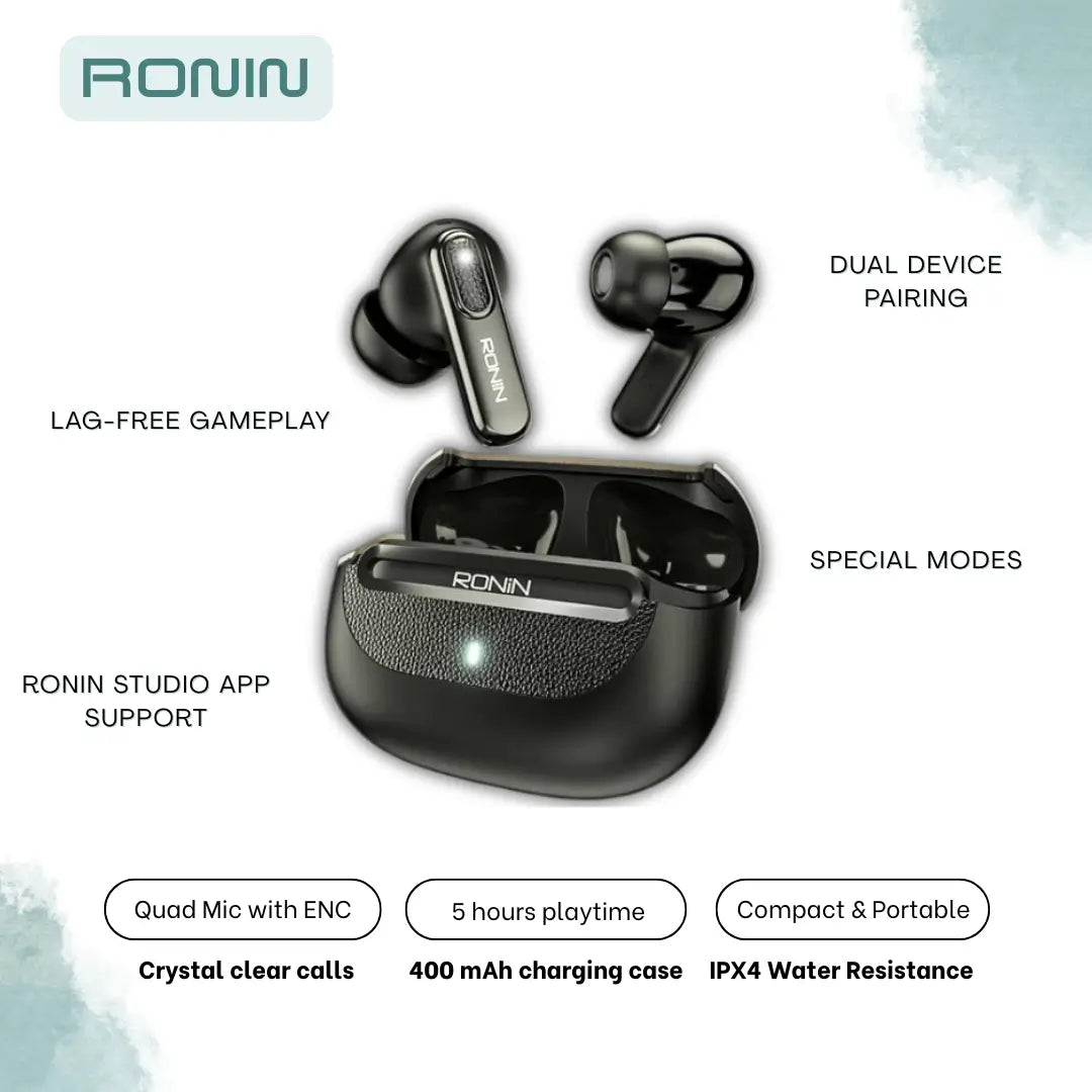 Ronin Nox Earbuds R-7080 – ANC, ENC, Gaming Mode & Premium Leather Design