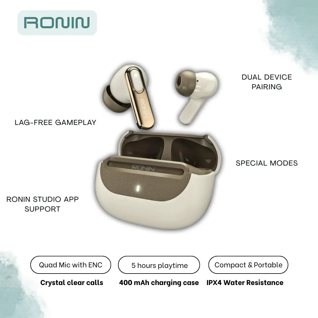 Ronin Nox Earbuds R-7080 – ANC, ENC, Gaming Mode & Premium Leather Design