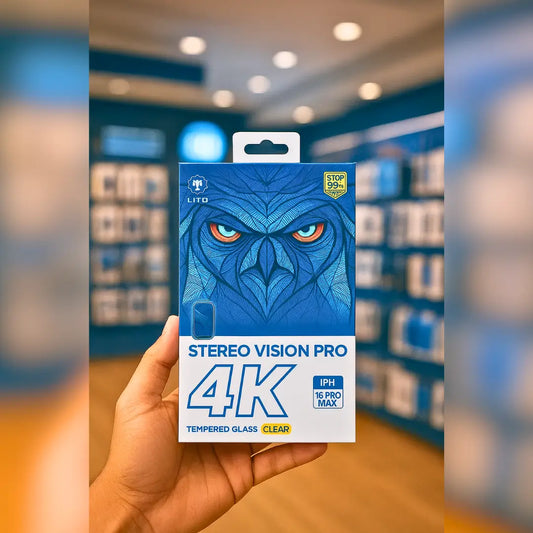 Hand holding a box of 'Stereo Vision Pro 4K' tempered glass with a blue owl design in a store setting.
