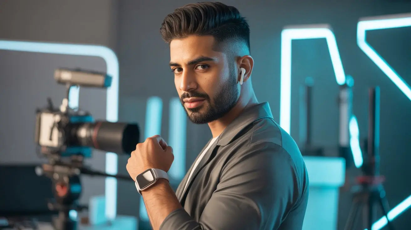 Man in a modern setting with camera equipment and neon lights