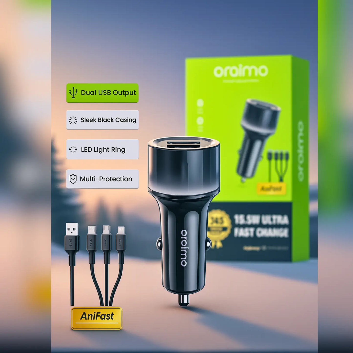 Oraimo Highway 15 15.5W Car Charger with 3-in-1 Cable