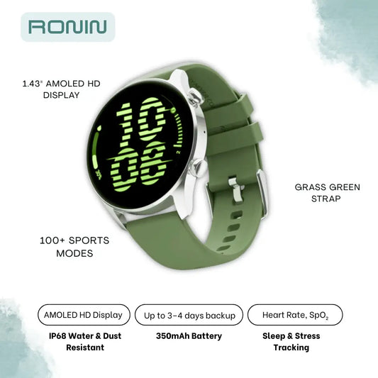 Ronin R-08 Smartwatch Silver with Grass Green Strap