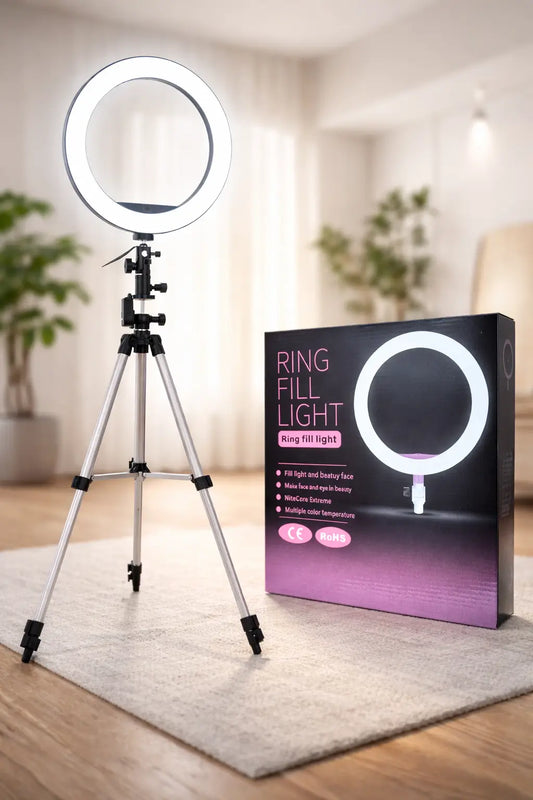 ZD666 26cm Ring Fill Light with Stand – 3 Color Modes & Dimming